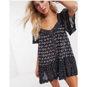Free People Hearts Desire Tunic Sheer Swing Oversized Mini Dress Black XS